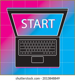 980's retro cyberpunk style vector illustration of a laptop computer with the text "start" on the screen. Minimalist vector illustration