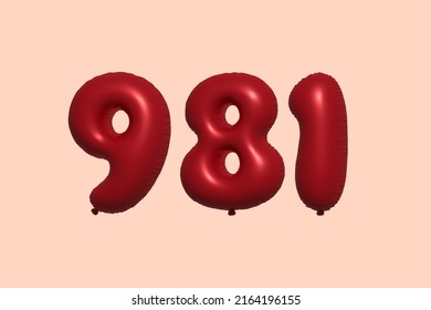 981 3d number balloon made of realistic metallic air balloon 3d rendering. 3D Red helium balloons for sale decoration Party Birthday, Celebrate anniversary, Wedding Holiday. Vector illustration