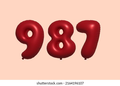 987 globo 3d número hecho de renderización 3d de globo metálico realista. Globos 3D de helio rojo para la venta decoración Fiesta Cumpleaños, Celebración de Aniversario, Fiesta de la Boda. Ilustración del vector