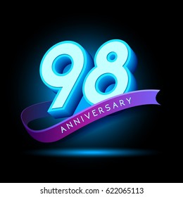 98th Anniversary 3D text with glow effect .celebration vector template design