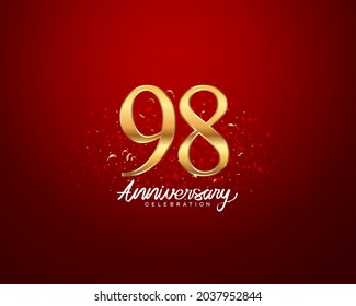 98th anniversary background with 3D number illustration golden numbers and Anniversary Celebration text with golden confetti on red background.
