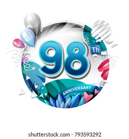 98th anniversary background with balloon and confetti on white. 3D paper style illustration. Poster or brochure template. Vector illustration.