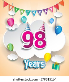 98th Anniversary Celebration Design, with clouds and balloons. using Paper Art Design Style, Vector template elements for your, ninety eight years birthday celebration party.
