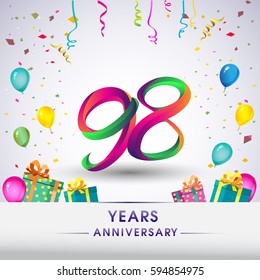 98th Anniversary Celebration Design, with gift box, balloons and confetti, Colorful Vector template elements for your, ninety eight years birthday celebration party.
