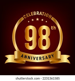 98th Anniversary Celebration. Anniversary Celebration Logo Design with Golden Ring and Ribbon, Vector Template Illustration