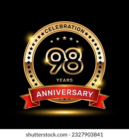 98th anniversary celebration logo design with golden color emblem style and red ribbon, vector template