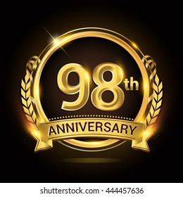 98th anniversary celebration logo with golden ring and ribbon, laurel wreath vector design.