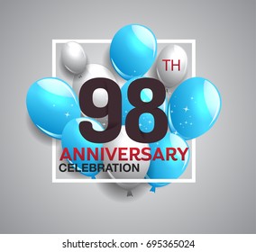 98th anniversary celebration logotype. anniversary logo with balloon in white rectangle.  Vector design for celebration, birthday, party, festival, invitation card, and greeting card