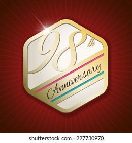 98th Anniversary - Classy and Modern golden emblem / Seal / Badge - vector illustration on red rays background