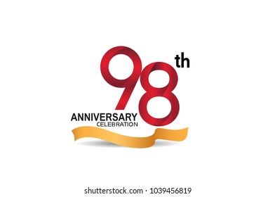 98th anniversary design logotype red color and golden ribbon for celebration isolated on white background
