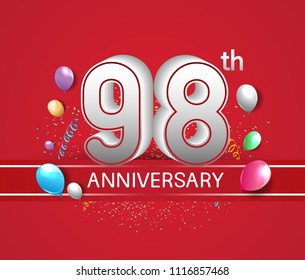 98th anniversary design red background with balloons and confetti for company celebration event 