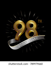 98th Anniversary fireworks and ahiny ribbon. gold anniversary logo on black background