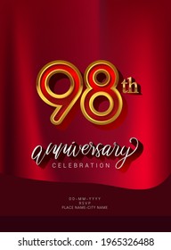 98th Anniversary Invitation and Greeting Card Design, Golden and Silver Colored, Elegant Design, Isolated on Red Background. Vector illustration.