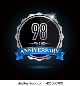 98th anniversary logo with blue ribbon and silver shiny badge, vector design for birthday celebration