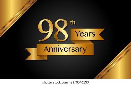 98th anniversary logo with golden ribbon for booklets, leaflets, magazines, brochure posters, banners, web, invitations or greeting cards. Vector illustrations.