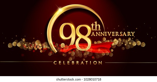 98th anniversary logo with golden ring, confetti and red ribbon isolated on elegant black background, sparkle, vector design for greeting card and invitation card