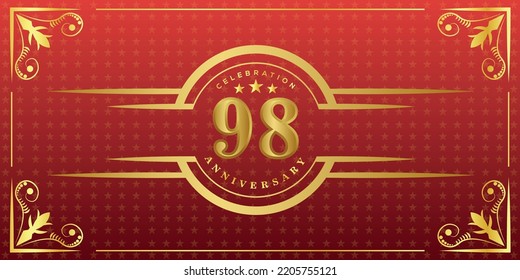 98th Anniversary Logo With Golden Ring, Confetti And Gold Border Isolated On Elegant Red Background, Sparkle, Vector Design For Greeting Card And Invitation Card
