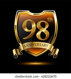 98th anniversary logo with golden shield and ribbon. Vector illustration celebration template