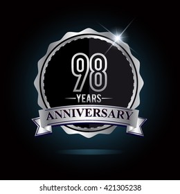 98th anniversary logo with ribbon and silver shiny badge, vector design for birthday celebration