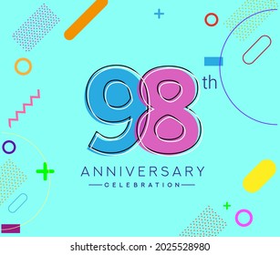 Logo del 98º aniversario, celebración del cumpleaños del diseño vectorial con fondo geométrico colorido.