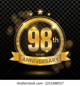 98th Anniversary Logotype with Gold Confetti Isolated on Black Background, Vector Design for Greeting Card and Invitation Card