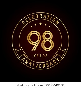 Concepto de diseño de plantillas para el 98º aniversario con cinta dorada para la celebración del aniversario. Plantilla de vectores de logotipos