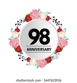 98th anniversary. Vector design greeting card with decorative floral circle for celebration