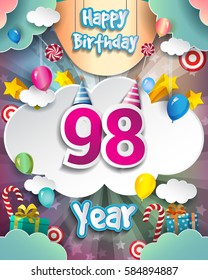 98th Birthday Celebration greeting card Design, with clouds and balloons. Vector elements for the celebration party of ninety nine years anniversary
