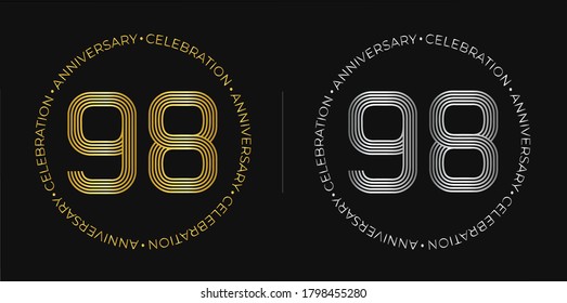 98th birthday. Ninety-eight years anniversary celebration banner in golden and silver colors. Circular logo with original number design in elegant lines.