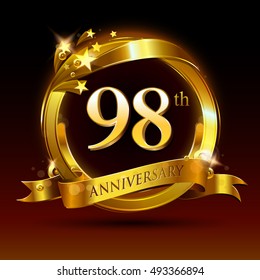 98th golden anniversary logo, 98 years anniversary celebration with ring and ribbon.