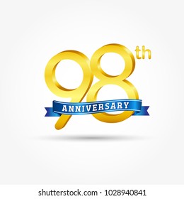 98th golden Anniversary logo with blue ribbon isolated on white background. 3d gold 98th Anniversary logo
