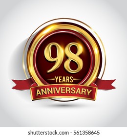 98th golden anniversary logo, ninety eight years birthday celebration with ring and red ribbon isolated on white background