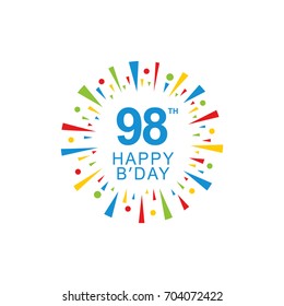 98th Happy Birthday logo, circle shape, colorful sunburst, red blue green yellow color