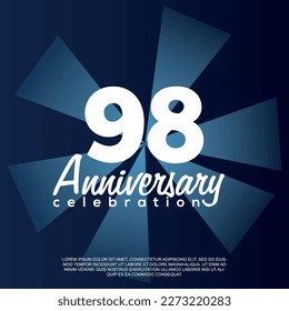 98th year anniversary celebration vector template design illustration with white text elegant blue shiny background.	