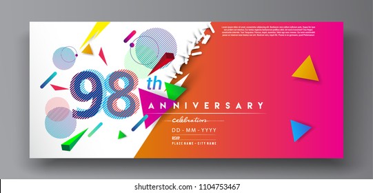 98th years anniversary logo, vector design birthday celebration with colorful geometric background and circles shape.