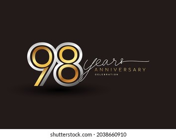 98th years anniversary logotype with multiple line silver and golden color isolated on black background for celebration event.