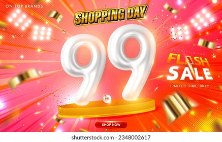 9.9 Plantilla de banner para el Día de Compras en Flash en 3D para medios sociales y sitios web. Gran evento de venta en el escenario de la luz LED y el confeti de oro. Día de compras 9 meses de venta online. EPS10 vectores.