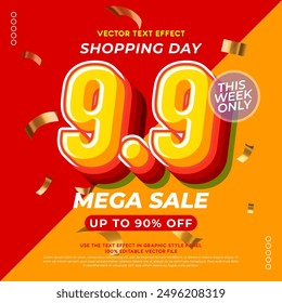 9.9 3d style mega sale banner design for web or social media. Shopping day 9.9 mega sale up to 90% off. Vector EPS 10