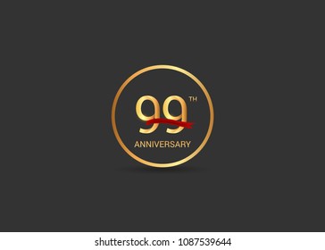 99 anniversary vector design golden color with ring and red ribbon isolated on black background