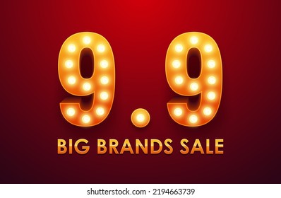 9.9 Big Brands Sale. Text Light Bulb Frame Retro Billboard For Marketing Banner. Vector Illustration