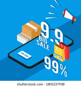 9.9 big sale poster banner illustration for online shop. 9 september event. isometric horizontal mobile phone. social media facebook, instagram post