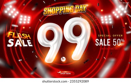 9.9 Afiche de venta de día o plantilla de pancarta con texto 3D número 9 y LED de destello en fondo de espiral roja. Oferta Especial De Campaña Hasta El 50%. Diseño para anuncios, medios sociales, compras en línea. EPS10 vectores.