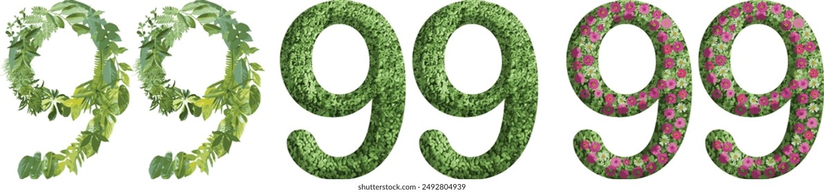 99, design made from green grass, leaves and flower, .suitable for birthday, anniversary and memorial day templates, go green concept	
