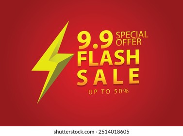 9.9 Discount flash sale on red background, template of special offer flash sale campain banner