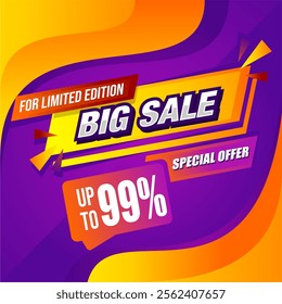 99% discount with this bold and colorful banner. Perfect for final clearance or one-day-only promotions, the design captures attention instantly with its energetic blend of purple, orange, and yellow
