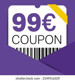 99 Euro Coupon promotion sale for a website, internet ads, social media gift 99 off discount voucher. Big sale and super sale coupon discount. Price Tag Mega Coupon discount with vector illustration.