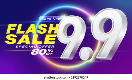 9.9 Plantilla de diseño de banner Flash Sale. Publicidad para compras en línea, medios sociales y sitios web. Promoción especial de campaña 80% de descuento.