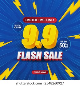 9.9 Flash Sale Banner Promotion Design. Special offer banner on blue background for online shop, coupon, voucher, web, social media post. Discounts up to 50% Discount.