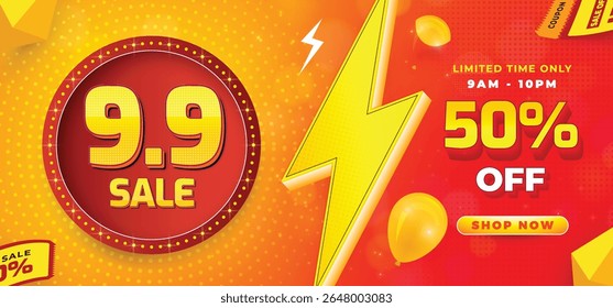 9.9 Flash Sale promo banner with discount offer. 9.9 shopping festival super sale banner. Flash sale special offer banner for social media post or website banner. Flash sale campaign