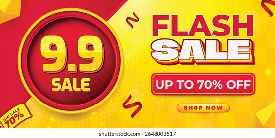 9.9 flash sale promo banner with discount offer. 9.9 shopping festival super sale banner. Flash sale special offer banner for social media post or website banner. Flash sale campaign